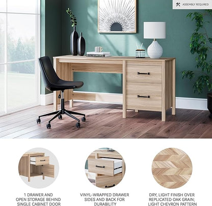 Signature Design by Ashley Battelle Casual 60" Home Office Desk with 1 Drawer and Cabinet Door, Light Brown