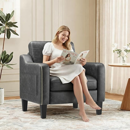 PU Leather Accent Chair Set of 2, Mid-Century Modern Living Room Armchair Sofa with Removable Cushions, Solid Wood Frame & Stitched Armrest Design, Bedroom Chair with Plastic Legs, Black