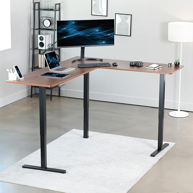 VIVO Corner Standing Desk, 75 x 63 inch Reversible L-Shaped Workstation, Electric Height Adjustment, Home, Office, and Reception Rooms, Dark Walnut Table Top Black Frame, DESK-E3CTD-75