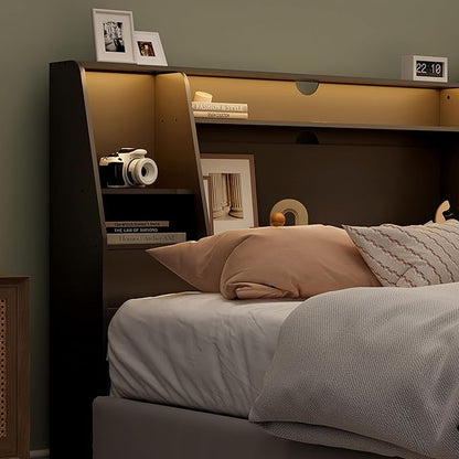 Queen/Full Headboard Queen Size with Storage, Wood Bookcase Headboard with Charging Station & 2 LED Lights, Modern Headboard Only for Queen Size Bed, Noise-Free, Sturdy and Durable, Black