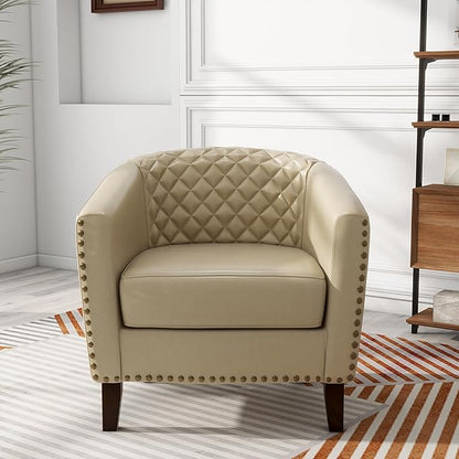 Pia Ricco Faux Leather Barrel Chairs Set of 2, Modern Comfy Accent Chairs, Upholstered Armchair Club Chairs with Nailhead Trim, Single Sofa Barrel Chair for Living Room Reading Room, Beige