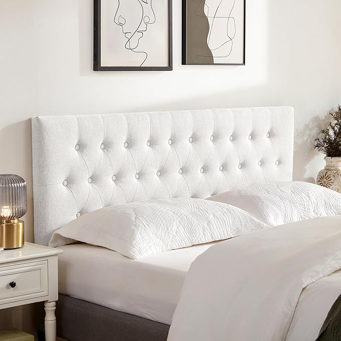 Tufted Upholstered Headboard California King Size, Solid Wood Head Board with Durable Metal Legs, Adjustable Height Bed headboard from 37” to 51” Fabric Headboard in Button Design, White