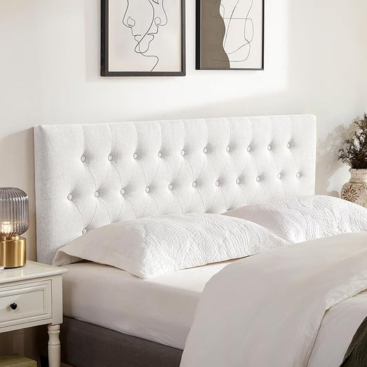 Tufted Upholstered Headboard California King Size, Solid Wood Head Board with Durable Metal Legs, Adjustable Height Bed headboard from 37” to 51” Fabric Headboard in Button Design, White