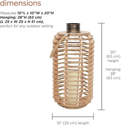Alpine Corporation SKY392TM 28" H, Hemp Rope Wooden Lantern with Flickering LED Lights, Garden Decor for Patio, Lawn, and Yard