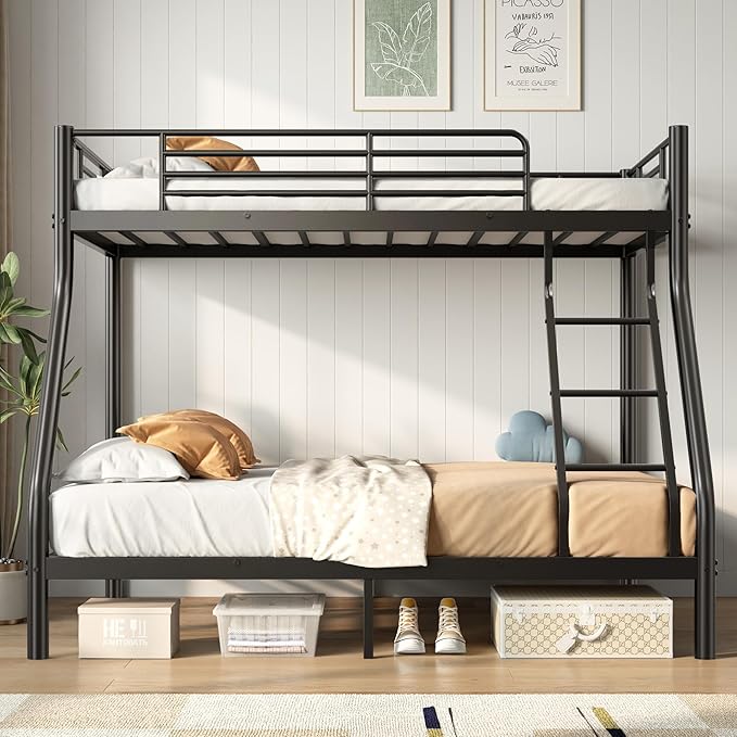 Twin Over Full Bunk Bed for Adults, Metal Bunk Beds Twin Over Full Size for Teens Dorm Bedroom Guest Room, Heavy Duty Bunk Beds with Ladder & Guardrail, No Box Spring Needed, Black