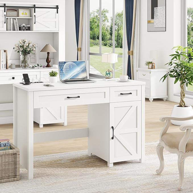 Farmhouse 47" Executive Desk, Computer Desk with Drawers and Storage Cabinet, Workstation for Home Office and Study.(Cream White)