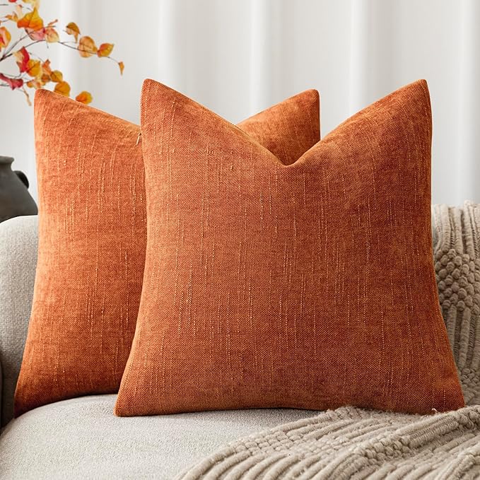 Foindtower Pack of 2 Soft Textured Chenille Throw Decorative Pillow Covers Square Accent Solid Cushion Cover Cozy Neutral Farmhouse Pillow Case for Couch Sofa Bedroom Living Room 26x26 Inch,Orange