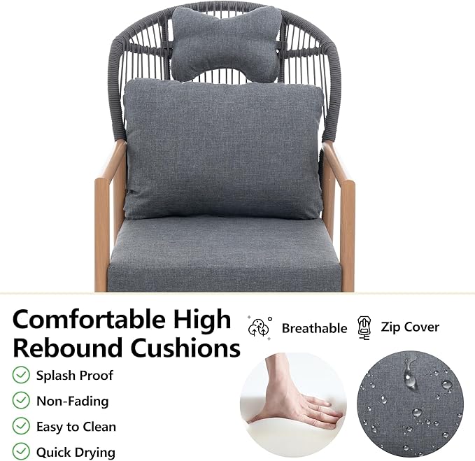 DAYRAUS Living Room Chairs, Accent Chairs Set of 2 with Coffee Table, Rattan Braid Arm Chair, Comfy Reading Lounge Chair, 3 Pieces Living Room Furniture Sets, Bedroom Armchair for Outdoor, Dark Gray