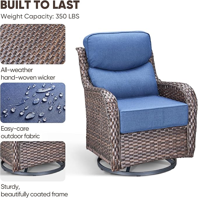 Swivel Patio Chairs sofa Set of 4 with 6" Thick Cushion - Wicker Outdoor Swivel Rocker Patio Chair with Side Table, High Back Comfortable Outdoor Glider Chairs - Brown Wicker | Blue Cushions