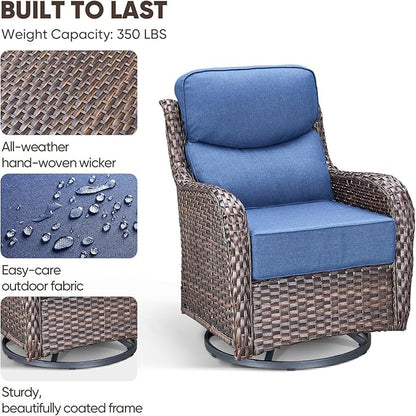 Swivel Patio Chairs Set of 3 with 6" Thick Cushion - Wicker Outdoor Swivel Rocker Patio Chairs with Side Table, High Back Comfortable Outdoor Glider Chairs - Brown Wicker Blue Cushion