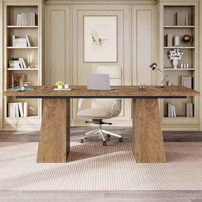 63 in Executive Desk with Power Outlets, Modern Home Office Desk with Storage Cabinet, Wood Computer Desk Business Workstation Desk Conference Table (Oak)