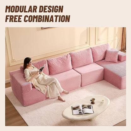 138" Boneless Couch with Deep Seat, Modular Sectional Sofa, Cloud Sectional Couch for Living Room, No Assembly Required, Corduroy, 4 Seater L-Shape Right, Pink