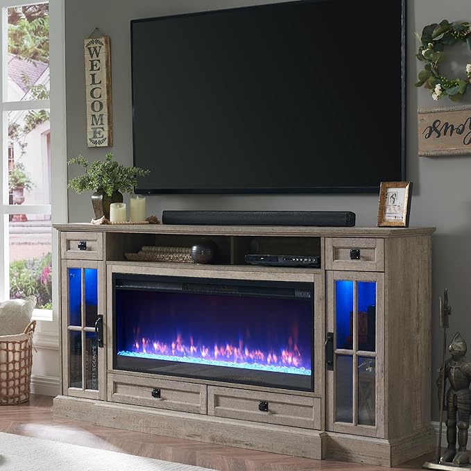 OKD Fireplace TV Stand for 80 Inch TV, Farmhouse Entertainment Center with 42" Fireplace & LED Lights, Modern Media Console Table with Storage Drawers & Cabinets for Living Room, Light Rustic Oak