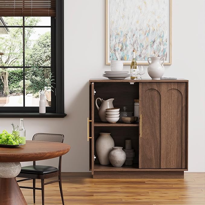 Sideboard Buffet Cabinet with Storage, Mid Century Modern Accent Cabinet with Arched Doors, Modular Media Console, Minimalist Credenza for Living Room Kitchen Dining Room Entryway, Walnut