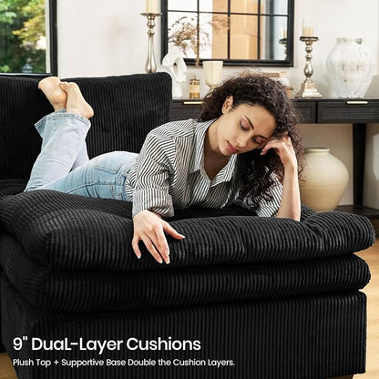 Belffin Large Modular Sectional Sofa with Deep Chaise, Corduroy U Shaped Couch with 9" Soft Dual-Layer 7 Seats Cushion for Living Room, Apartment, Black