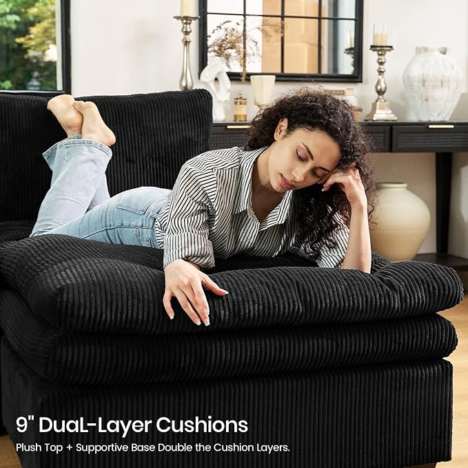 Belffin Large Modular Sectional Sofa with Deep Chaise, 73.6" Corduroy L Shaped Couch with 9" Soft Dual-Layer Seats Cushion for Living Room, Apartment, Black