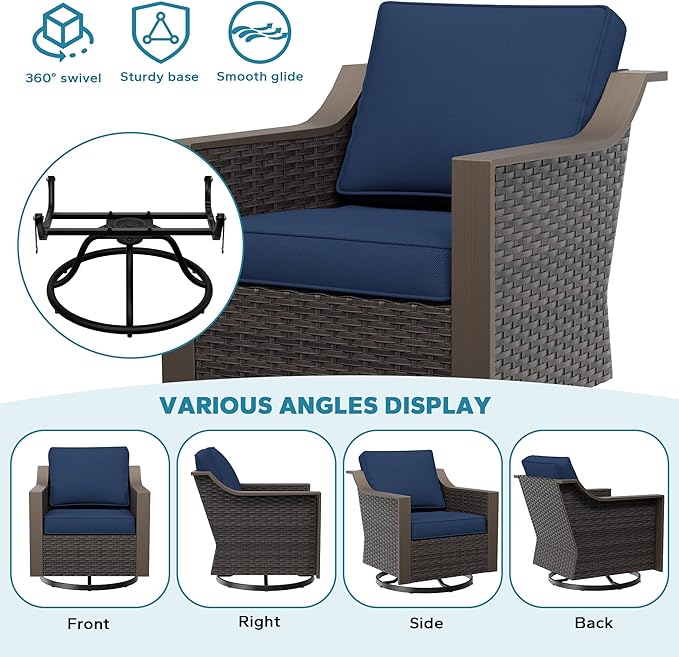 Patio Metal Wicker Swivel Chairs with Ottomans Set of 2, Conversation Furniture Set - 360 Degree Glider Rocker Chairs | 2 Wicker Ottomans, Washable Cushions, Metal armrests (Navy Blue)