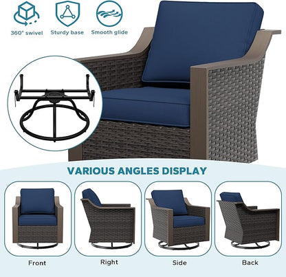 3 Pieces Outdoor Patio Conversation Furniture Set - 75" 3-Seat Sofa | 2 Swivel Glider Rocker Chairs | Wicker End Table, Rattan Couch, Metal armrests, Deck (Navy Blue)