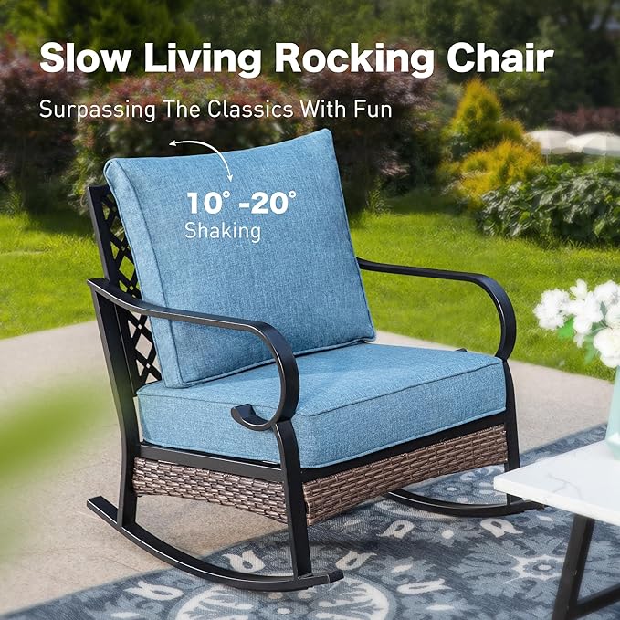5 Piece Metal Outdoor Patio Furniture Set, Patio Conversation Set with 3-Seater Sofa, Loveseat, 2 Rocking Sofa (5.75" Thick Cushion) & Coffee Table Black Backyard Furniture, Denim Blue