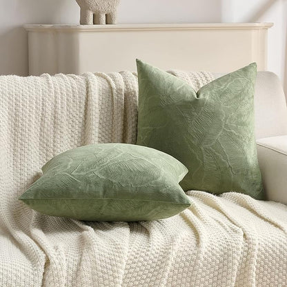 FUTEI Sage Green Velvet Throw Pillow Covers 12x20 Inch Set of 2,Soft Embossed Leaf-Relief Textured Lumbar Pillow Cases,Natural Home Decor for Couch Living Room