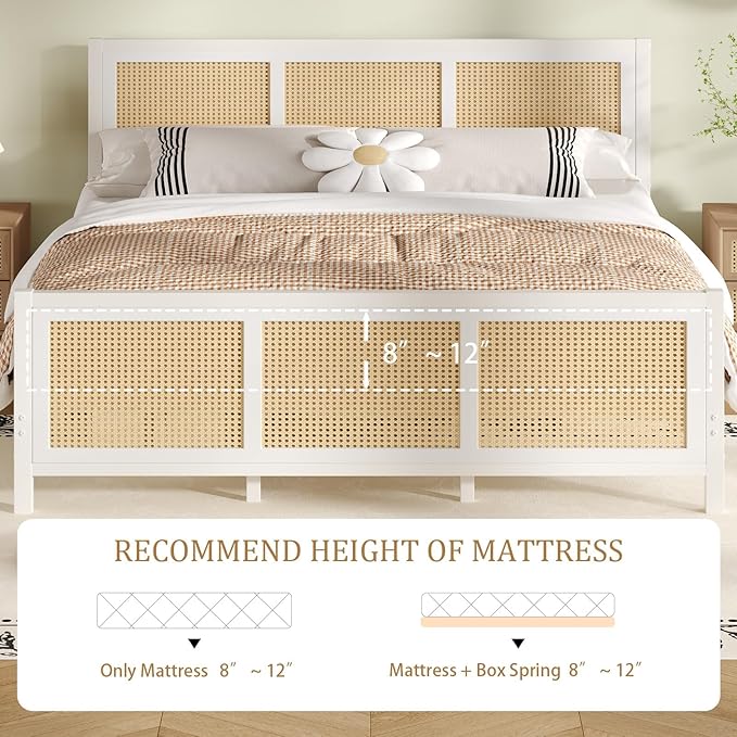 Rattan Bed Frame Queen, Boho Bed Frame with Headboard, Metal Platform Bed Frame Queen Size with Strong Slats Support, No Box Spring Needed, Noise Free, Easy Assembly, White