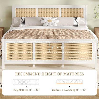 Rattan Bed Frame Queen, Boho Bed Frame with Headboard, Metal Platform Bed Frame Queen Size with Strong Slats Support, No Box Spring Needed, Noise Free, Easy Assembly, White