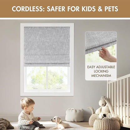 Madison Park Cordless Roman Shades, Total Blackout Window Blind Privacy Window Shades, Thermal Insulated Cordless Window Treatment for Bedroom, Living Room, Quincy, Single Panel 34"W x 64"H Light Grey