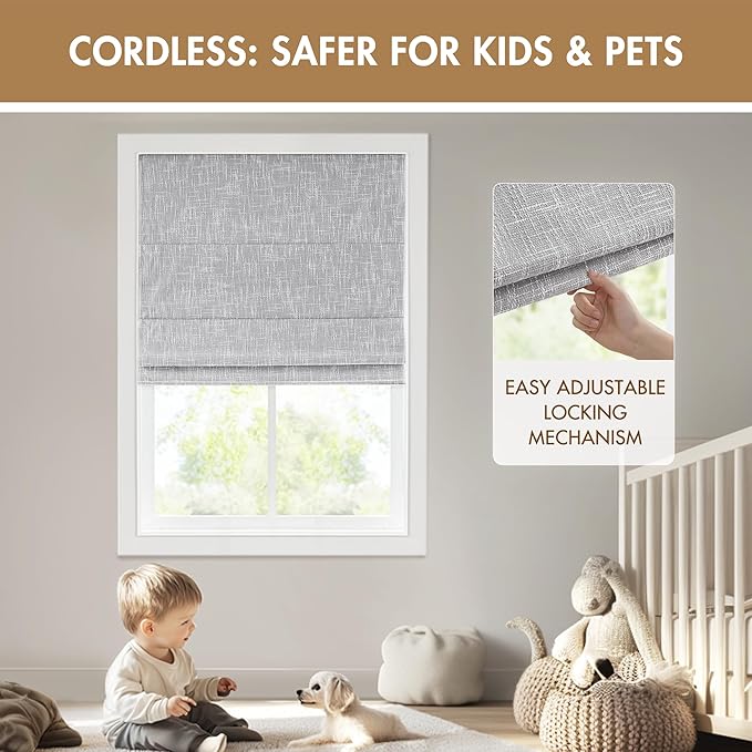 Madison Park Cordless Roman Shades, Total Blackout Window Blind Privacy Window Shades, Thermal Insulated Cordless Window Treatment for Bedroom, Living Room, Quincy, Single Panel 31"W x 64"H Light Grey