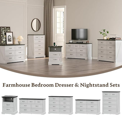 Farmhouse 8 Drawers Dresser for Bedroom, 48" Wide Wood Chest of Drawers with Deep Drawers & Bar Handles, Modern Dresser TV Stand, Rustic Wooden Closet Storage Organizer for Living Room, Hallway, White