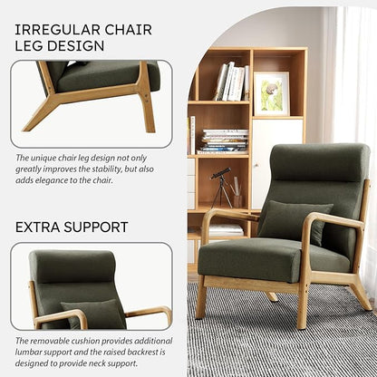 Accent Chair Mid Century Modern Chair Linen Fabric Living Room Chairs with Solid Wood Frame Comfy Upholstered and Lumbar Pillow Reading Side Chair Easy Assembly for Bedroom (1, Green)