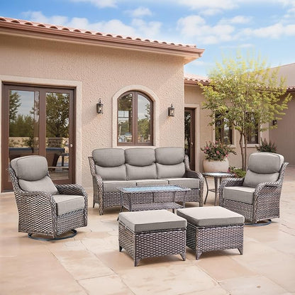 Swivel Patio Chairs sofa Set of 7 with 6" Thick Cushion - Wicker Outdoor Swivel Rocker Patio Chair ,Sofa/Glass coffee table, High Back Comfortable Outdoor Glider Chairs - Brown Wicker | Gery Cushions