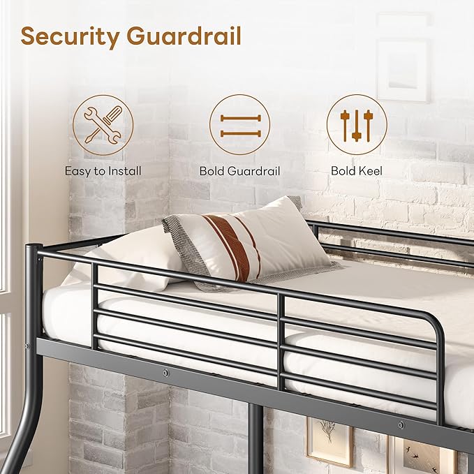 Bunk Beds Twin Over Full Size, Heavy Duty Metal Bunk Bed Frame with Angled Ladder for Teens and Adults, for Spaces-Saving, Smooth Rounded Edges, Noise Free & Easy Assembly, Black