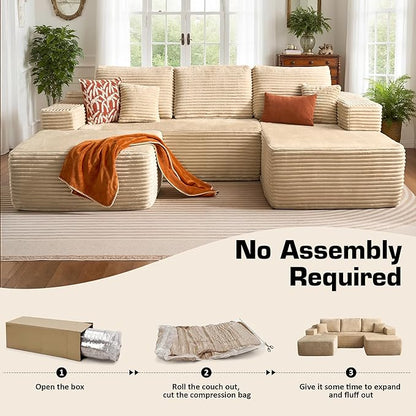 106" Cloud Sectional Couch with L-Shape Chaise & Ottoman, No Assembly Modular Sofa, Deep Seat Plush Corduroy Boneless Couched for Living Room (Beige Plush Corduroy, Right Facing Chaise with Ottoman)