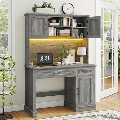Vabches Farmhouse 47" Executive Desk with Hutch, 2 Drawers and LED Light, Computer Desk with Storage Cabinet and Charging Station,Workstation for Home Office and Study.Grey