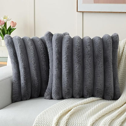 FUTEI Grey Decorative Throw Pillow Covers 22x22 Inch Set of 2, Square Soft Faux Rabbit Fur Thick Striped Cushion Cover,Winter Home Decor for Couch Bed Living Room
