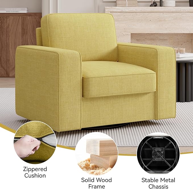 36'' Width 360 Rotation Swivel Accent Chair, Extra Wide Armrests Mid-Century Modern Armchair 1 pcs for Living Room, Bedroom, Office-Yellow