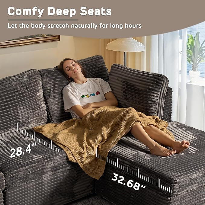 130'' Modern Modular Sectional Sofa with Ottoman, 7 Pieces L Shaped Cloud Couch for Living Room, Oversized Deep Seat Convertible Sofa Set, Plush Corduroy Gray
