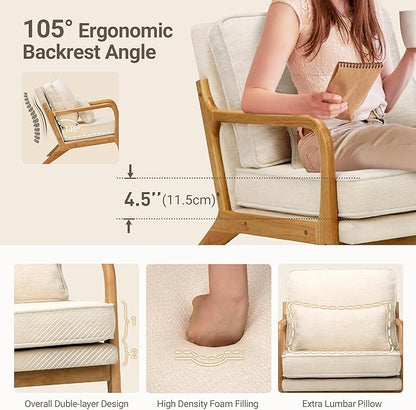 COLAMY Modern Accent Chair with with Solid Wood Frame, Mid Century Reading Leisure Armchair Lumbar Pillow& Soft Cushion, Relaxing Chair for Living Room,Bedroom,Waiting Room（Beige）