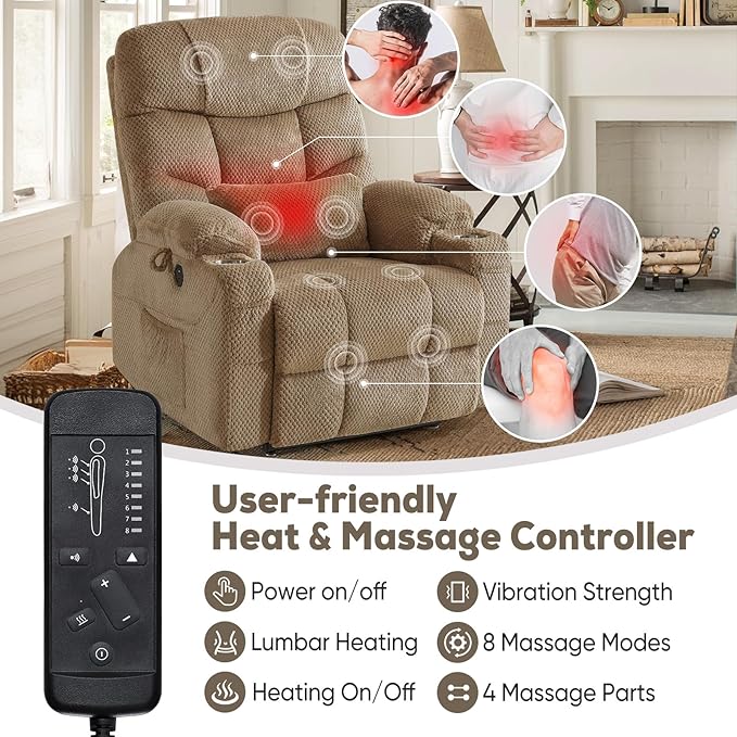 ABCASA Oversized Dual Motor Lay Flat Power Lift Recliner Chair with Massage, Heating, Lumbar Pillow, USB & Type-C Ports, Textile Lift Chairs Recliners, Large Recliner for Big & Elderly People - Beige