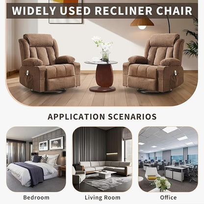 Power 360° Swivel Rocker Recliner with Heat and Massage Oversized Electric Rocking Chair for Big and Tall People with 2 Cup Holders Side Pockets Remote Control USB Charging Port, Brown