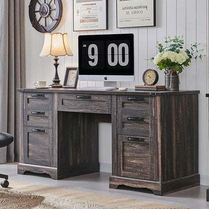 RedLemon 60" Farmhouse Executive Desk, Home Office Desk with Drawers, Charging Station, Keyboard Tray, File Drawer, Storage Cabinet, Wood Rustic Computer Writing Desk (Dark Rustic Oak)