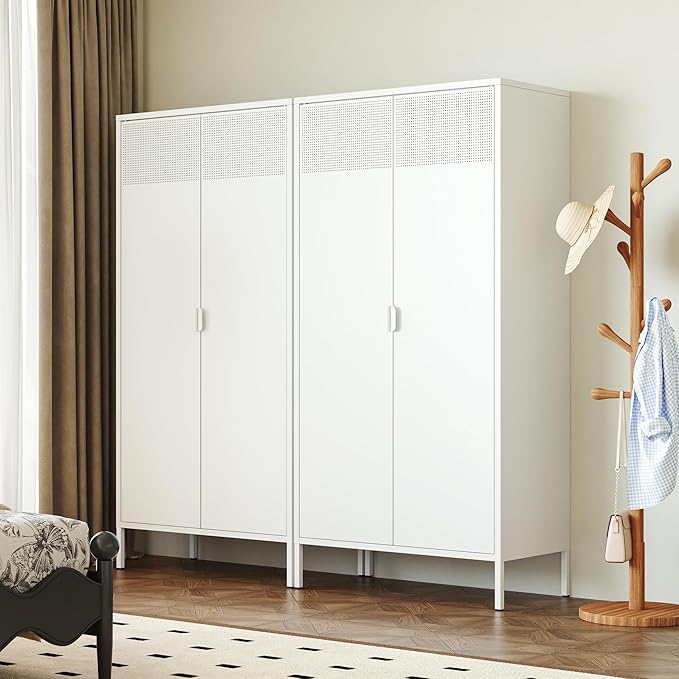 71 Inches White Metal Wardrobe Cabinet with Hanging Rod, Metal Armoire Wardrobe Closet with Doors for Bedroom, Office, Laundry Room and Changing Room, Metal Locker Cabinet