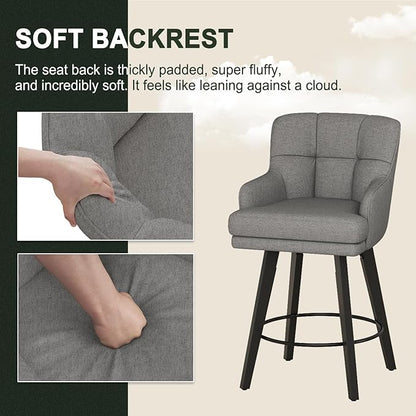 360°Swivel Counter Height Bar Stools with Back, 26 inch Solid Wood Legs, Bar Stool Modern Kitchen Island Chairs, Fabric (Mid-Grey- Fabric, 26" H- Set of 4)