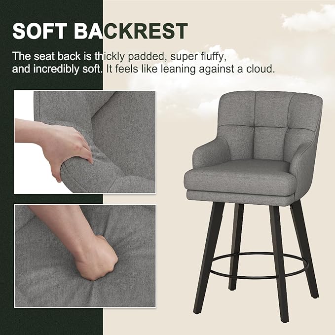 360°Swivel Counter Height Bar Stools with Back, 26 inch Solid Wood Legs, Bar Stool Modern Kitchen Island Chairs, Fabric (Mid-Grey- Fabric, 26" H- Set of 1)