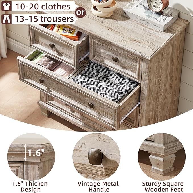 Farmhouse Bedroom Dresser and Nightstand Set of 4, 6 Drawer Tall & 5 Drawers Dresser & 3 Drawer Nightstand Set with Wooden Legs, Rustic Wood Bedroom Furniture for Livingroom, Hallway, Grey