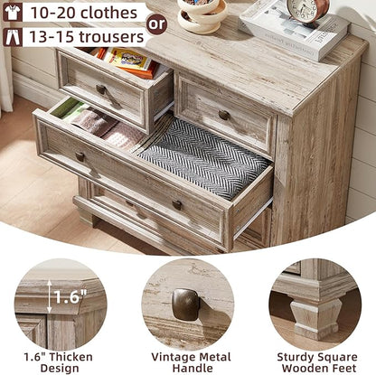Farmhouse Bedroom Dresser and Nightstand Set of 4, 6 Drawer Low & 5 Drawers Dresser & 2 Drawer Nightstand Set, Rustic Wood Bedroom Furniture Set for Livingroom, Hallway, Grey