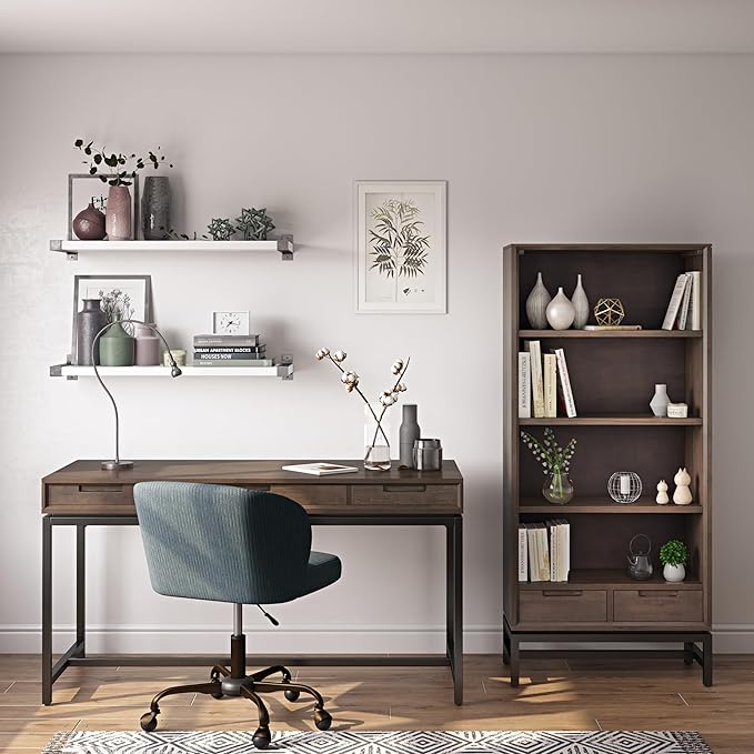 SIMPLIHOME Banting Desk - 60-Inch Wide Solid Hardwood and Metal Writing Desk in Walnut Brown, Modern Industrial Home Office Computer Table for Study with 2 Drawers and Flip-Down Keyboard Tray