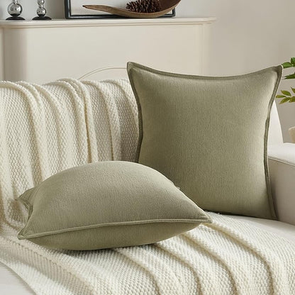 FUTEI Olive Green Chenille Throw Pillow Covers 12x20 Inch Set of 2,Edges Double-Stitched Lumbar Pillow Cases,Modern Home Decor for Couch Living Room