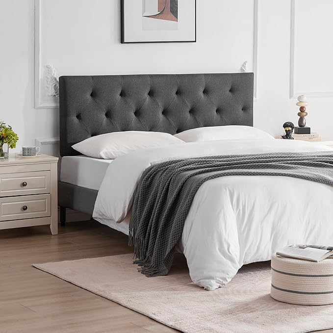 Linen Upholstered Headboard Twin Size, Diamond Tufting Solid Wood Twin XL Headboard Only, Adjustable Height from 37” to 51” Head Board, Dorm Bed Frame or Wall Mount Headboards, Dark Grey