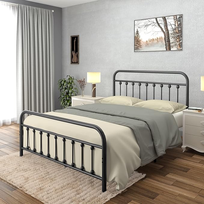 Golden Gate Beds Vintage Style King Size Metal Bed Frame with Wrought Iron Headboard and Footboard – Classic Platform Bed with 11" Storage Space, No Box Spring Required, Black Finish